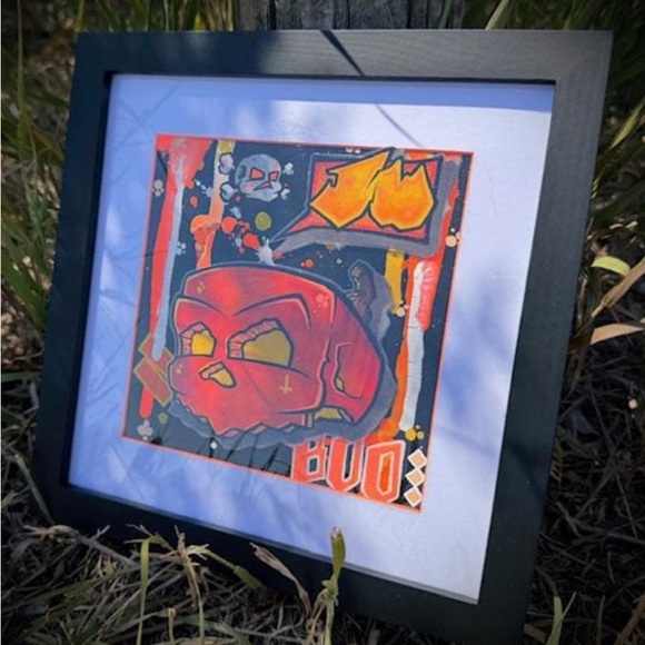 Original Art - Pumpkin Boo - Graffiti Style Skull Art on Canvas Board Framed - Picture 4 of 4